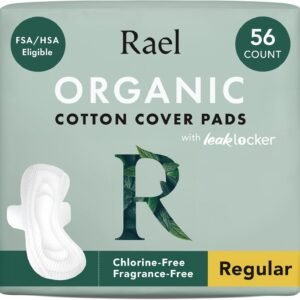 Rael Pads for Women, Organic Cotton Cover – Moderate Absorbency, Feminine Care, Ultra Thin, Sanitary Napkins with Wings, Unscented (Regular, 56 Total)