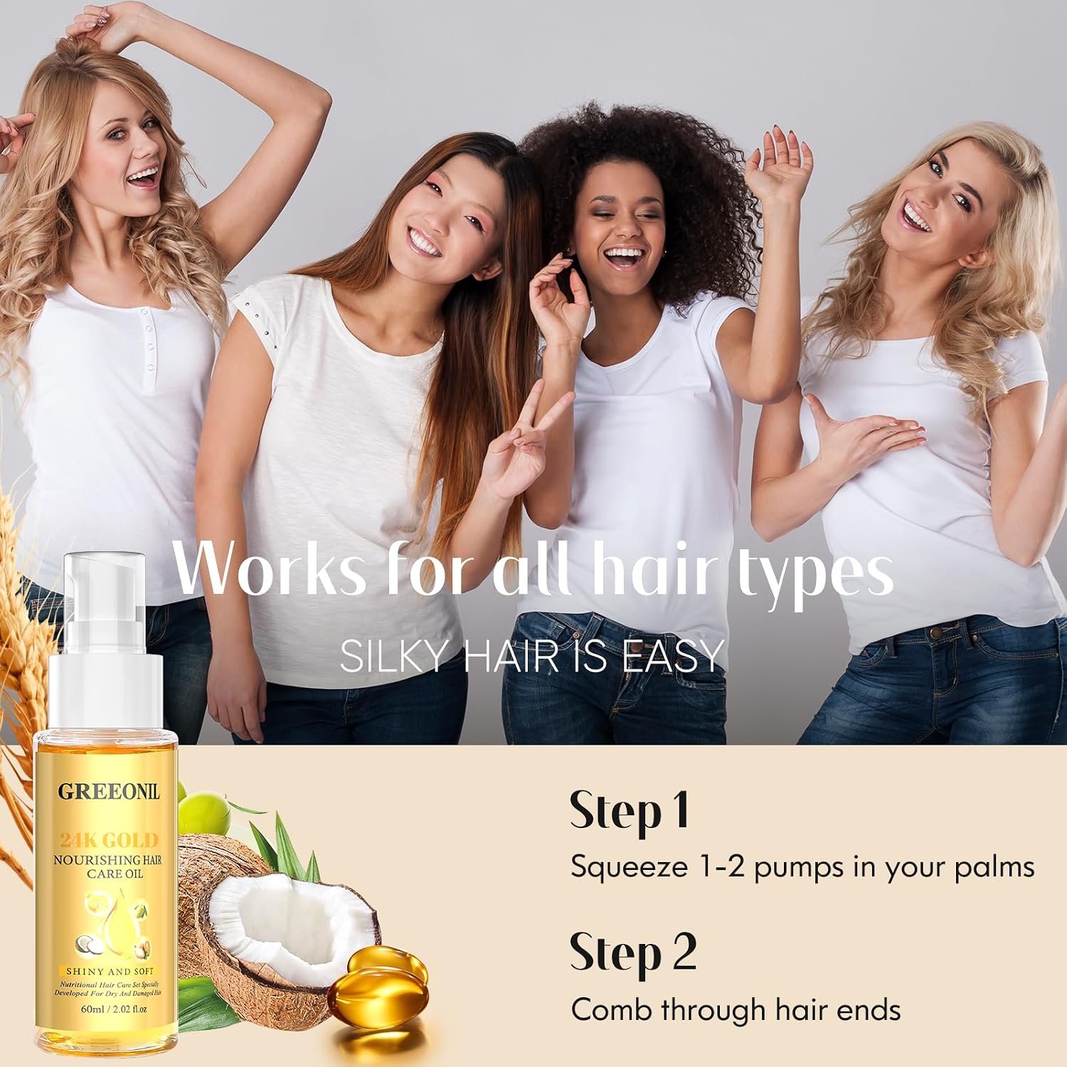 GREEONIL Hair Oil with Argan Oil, Coconut Oil, Olive Oil, Vitamin E for Nourish Hair, Smooth Frizz, Add Shine, Hair Treatment Oil for Women Men Frizzy Damaged Fine Curly Hair, Leave-in, 2Pack - Image 7