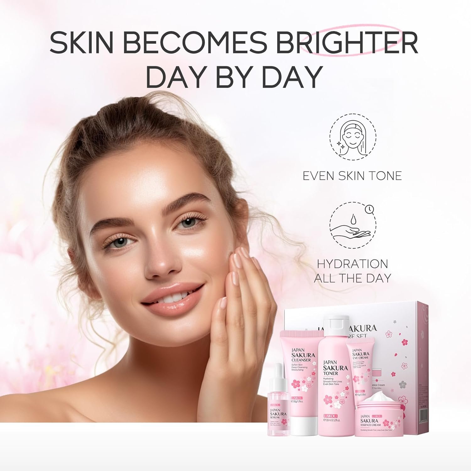 LAIKOU Skin Care Set JAPAN SAKURA Women Beauty Gift Sets Skin Care Kit with Cleanser, Toner, Serum, Eye Cream, Face Cream Travel Kit for Women Teen Girls Mom Daughter Birthday TSA-friendly Sizes 5pcs - Image 4