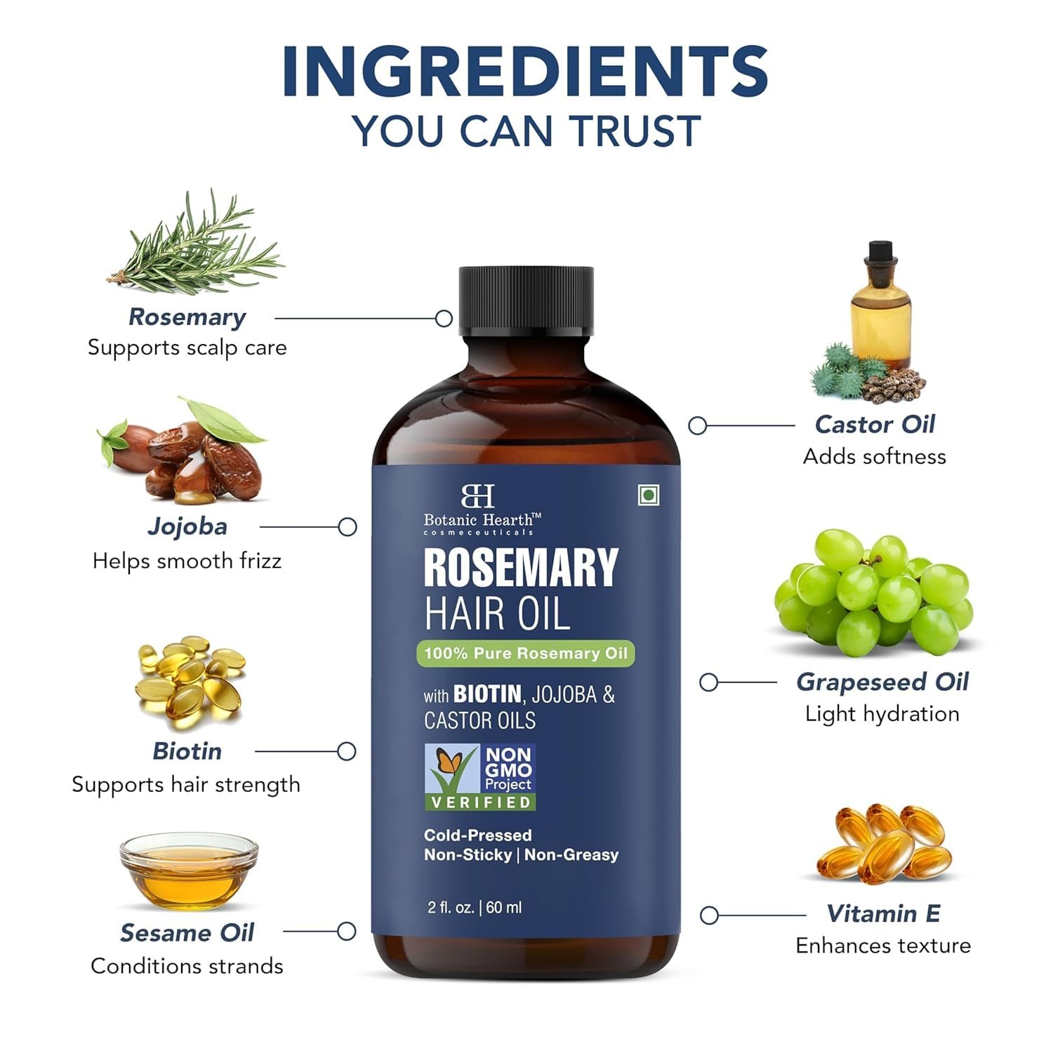 Botanic Hearth 100% Pure Rosemary Oil For Hair Growth Infused With Biotin | Hair Strenghtening Treatment | Nourishing & Volumizing | With Jojoba Oil & Castor Oil | Non GMO Verified | 2 fl oz, Blue - Image 4