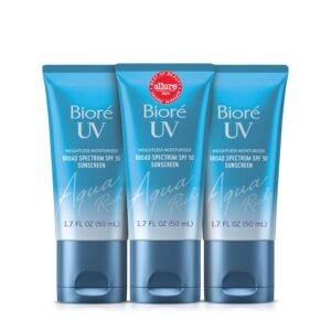 Biore UV Aqua Rich Daily Hydrating Facial Moisturizer with SPF 50, Oil Free Sunscreen & Primer for Makeup with Hyaluronic Acid, No White Cast, Non-Comedogenic, For Sensitive Skin, PA++++, 1.7 Oz, 3pck
