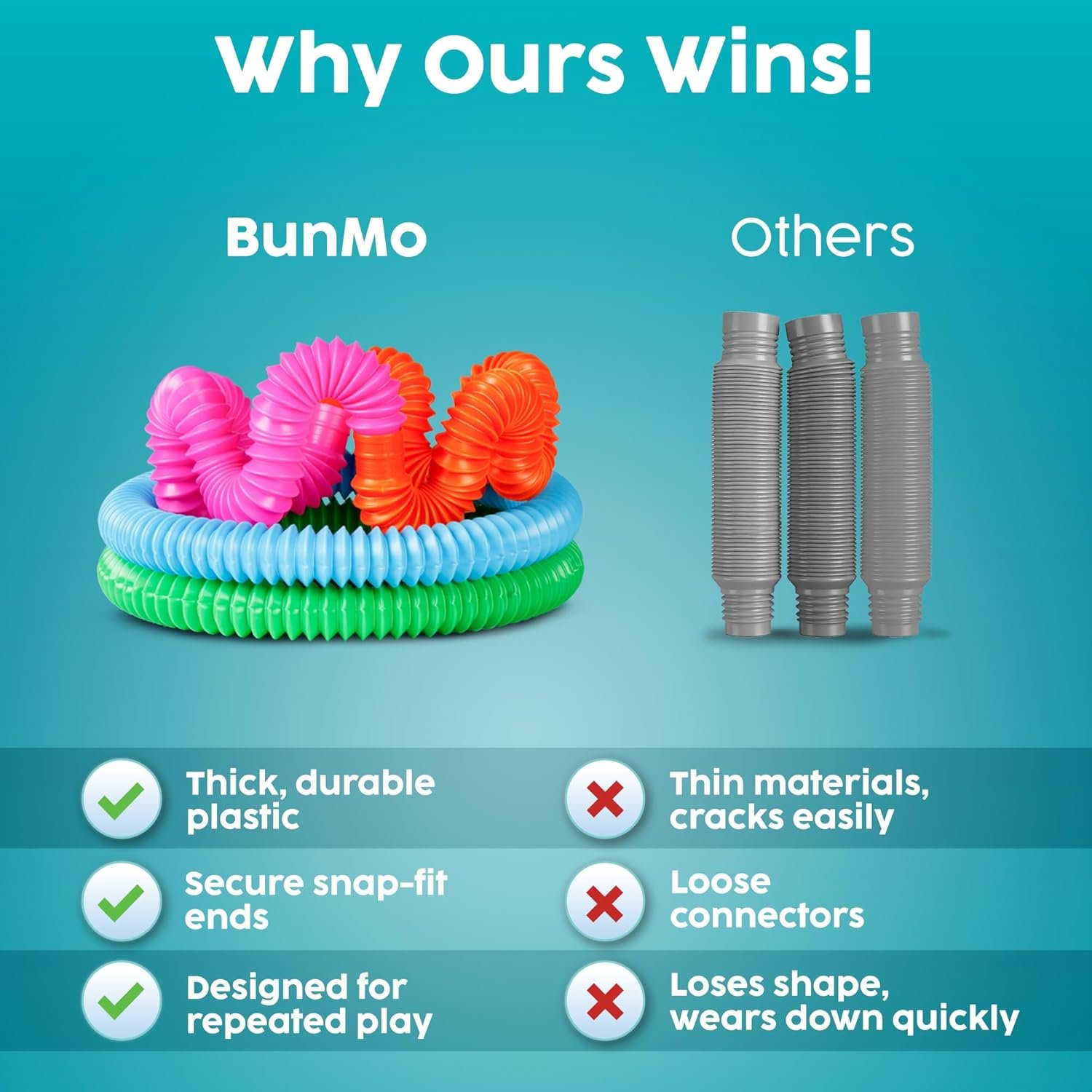 BUNMO Pop Tubes - Sensory Toys - Fidget Toys - Imaginative Play & Stimulating Creative Learning - Hours of Fun for Kids - Tons of Ways to Play - Non-Mouthable Toy 3+ - 4 Pack Large - Image 7