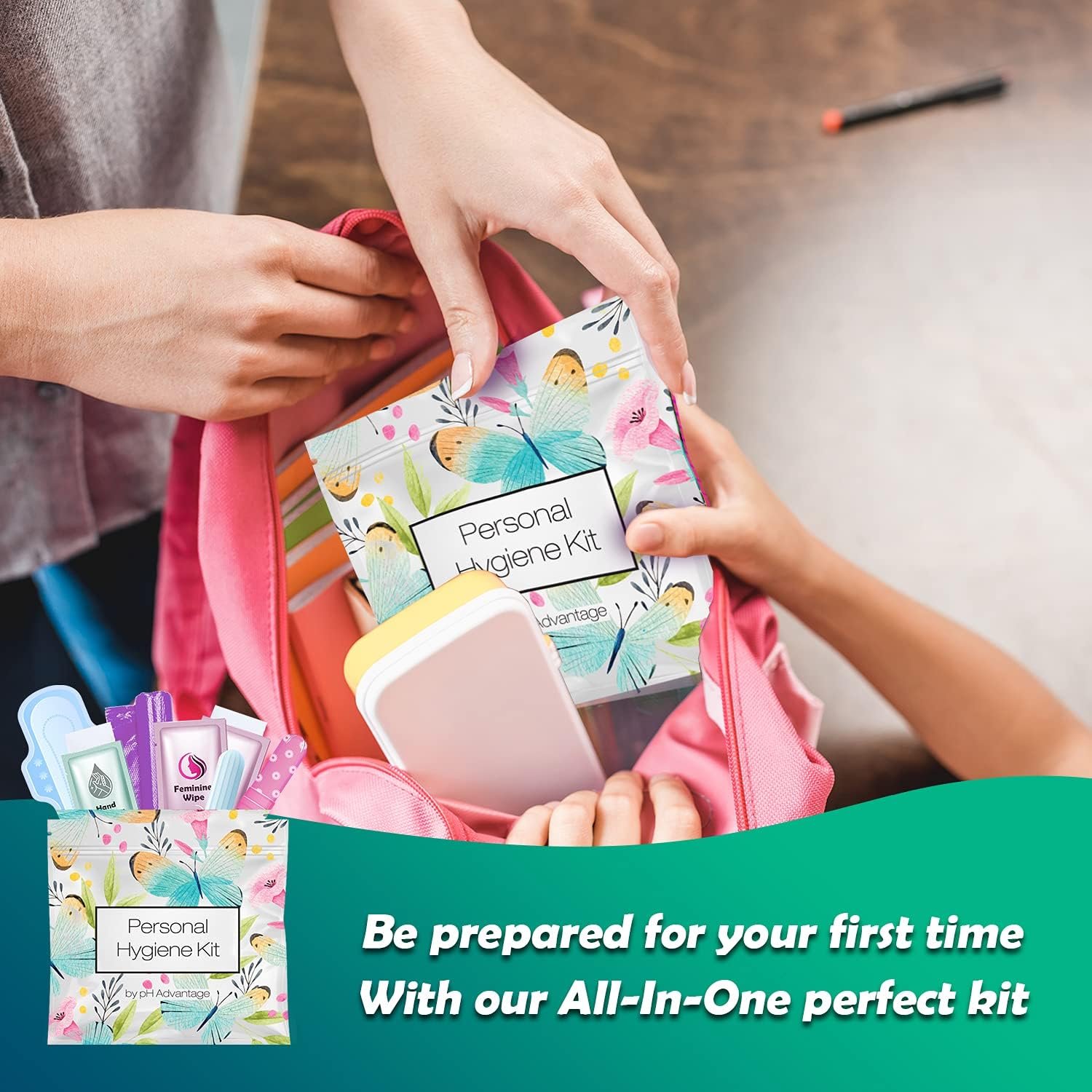 Menstrual Kit All-in-One 10 Pack | Convenience on The Go | Period Kit Pack for Travelling, Tweens & Teenager | Individually Wrapped Feminine Hygiene Product (Butterflies) - Image 5