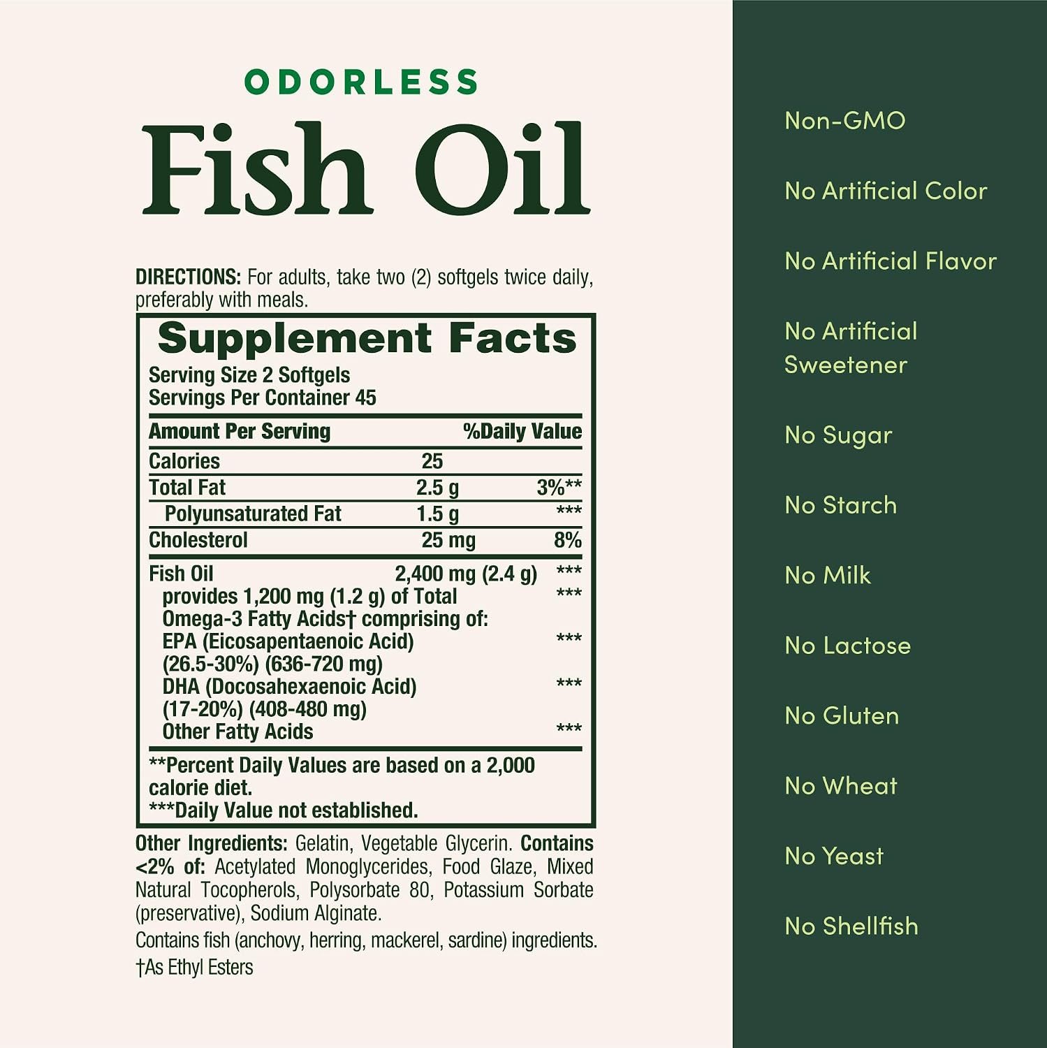 Nature's Bounty Odorless Fish Oil, 1200mg Omega-3 per Serving Including EPA & DHA, Supports Heart Health, Purified to Eliminate Mercury, Coated Softgels, Gluten Free, No Shellfish, 90 Ct - Image 5