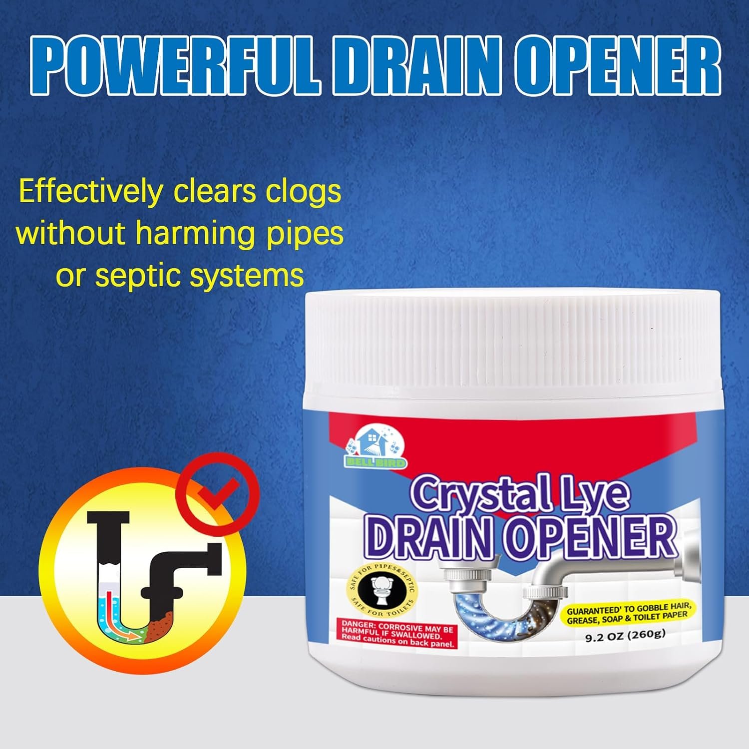 BELL BIRD Crystal Lye Drain Opener, Lye Sodium Hydroxide, Unclogs Bathroom Kitchen Sinks, Shower Pipes & Toilets, Sink Drain Cleaner, Clog Remover for Clogged Drains Bathtub Pipes (1PCS) - Image 2