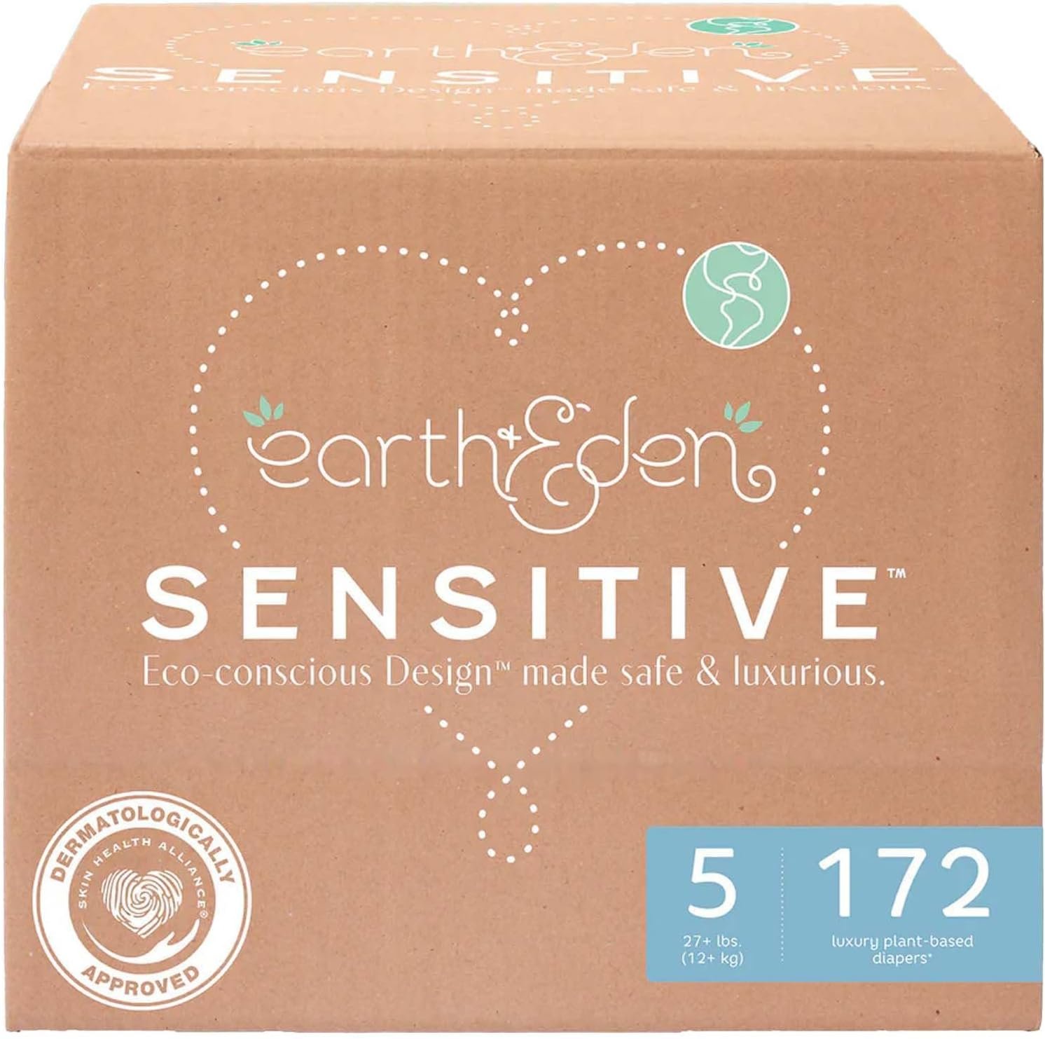 Earth & Eden Sensitive Baby Diapers, Size 5 (172 Count) - Eco-Conscious & Hypoallergenic Diapers - No Harsh Chemicals - Comfortable and Gentle on Skin - Dermatologically Approved