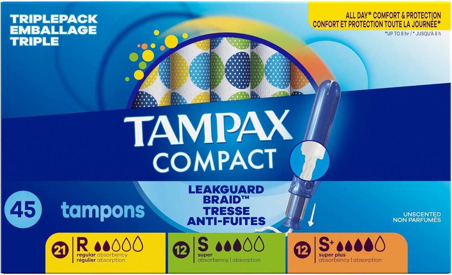 Tampax Compact Pearl Tampons for Women Multipack, with LeakGuard Braid & Extendable Applicator, Regular/Super/Super Plus Absorbency, Compact Extendable Applicator, Unscented, 45 Count - Image 16