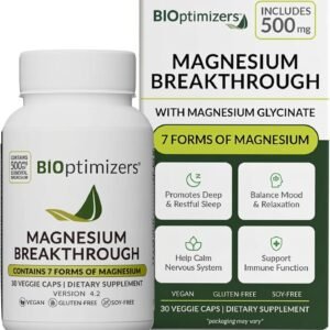 BIOptimizers Magnesium Breakthrough Supplement with 500mg – 7 Forms of Magnesium: Glycinate, Malate, Citrate, and More – Natural Support for Sleep and Cognitive Function -30 Capsules- Calming Vitamins