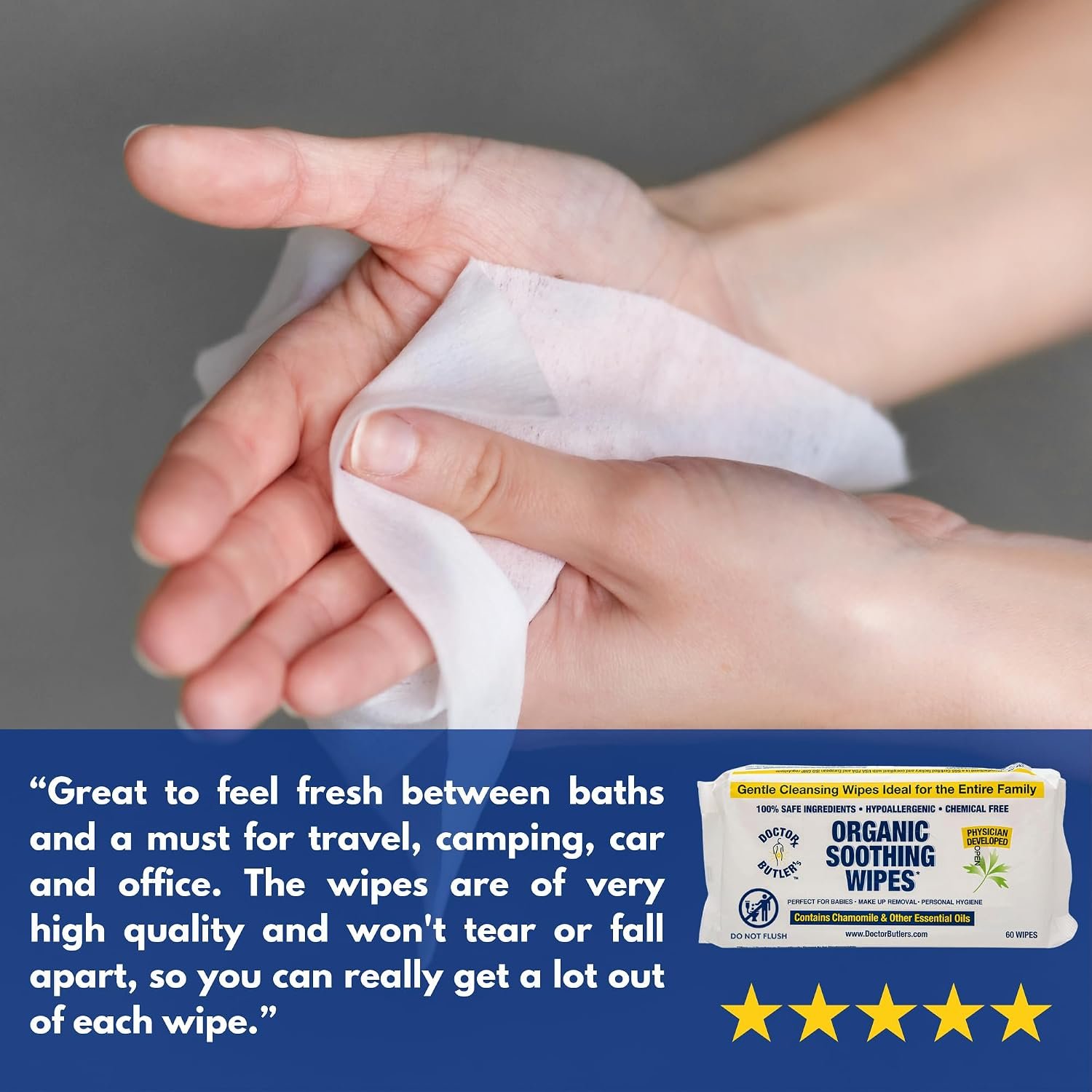 Doctor Butler's Soothing All-Purpose Wet Wipes for Sensitive Skin, Made with Organic Bamboo, Face Wipes, and Bathroom Cleanup with Chamomile and Essential Oils* (1 Pack - 60 Count) - Image 6
