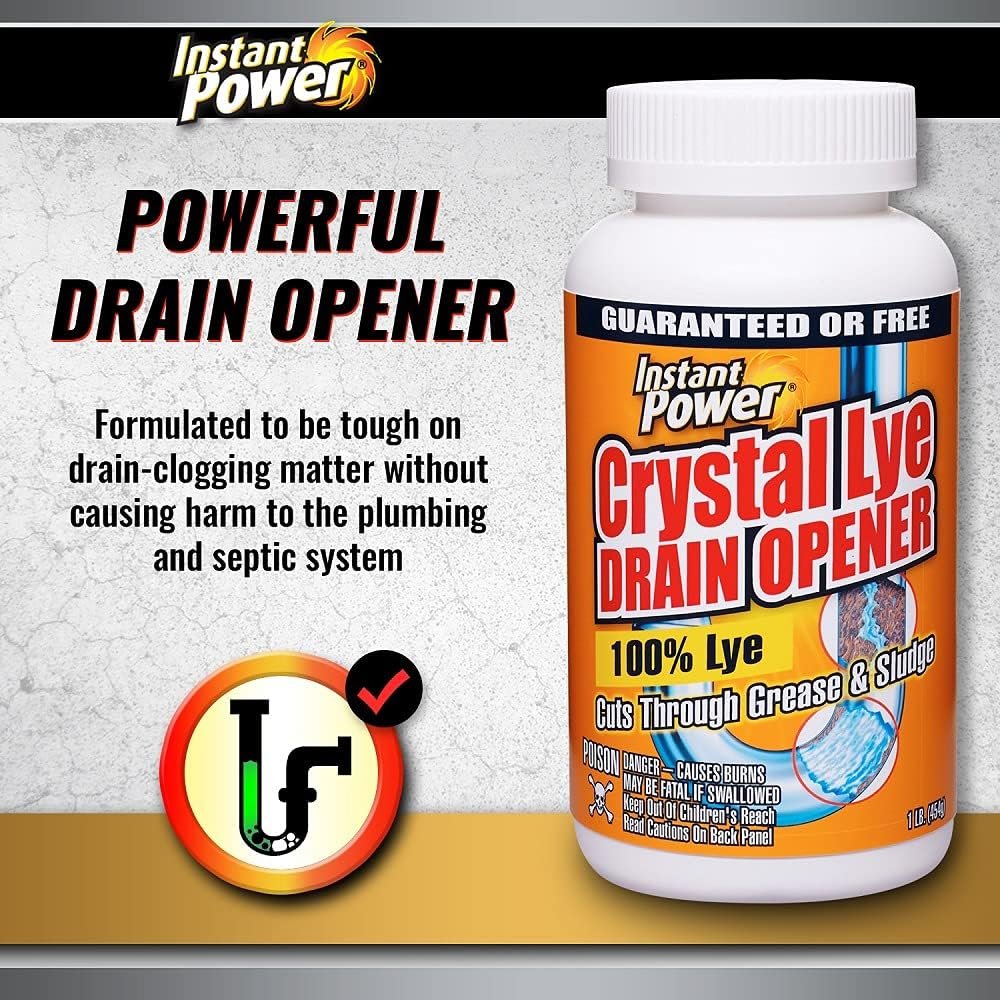 Instant Power Crystal Lye Drain Opener, Lye Sodium Hydroxide, Unclogs Bathroom and Kitchen Sinks, Drains, Shower Pipes 1 Lb - Image 2