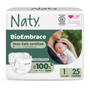 Naty BioEmbrace Baby Newborn Diapers | Sensitive Skin Safe Certified | Leak Protection up to 100% | Plant-Based Teddy Softness, Premium Comfort | Chlorine-Free | Size 1 (4–11 lbs), 25 Count