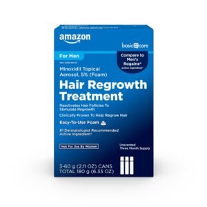 Amazon Basic Care Minoxidil Topical Aerosol, 5% Foam, Hair Regrowth Treatment for Men, Unscented, 2.11 oz, 3-Month Supply (3-Pack)