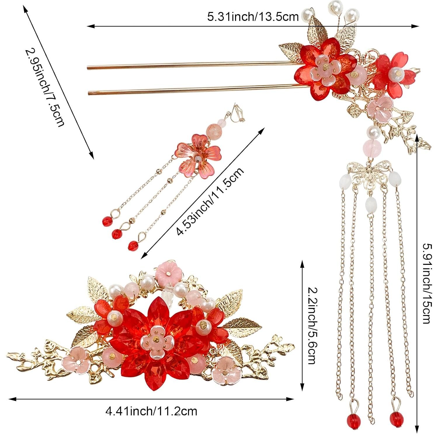 Traditional Chinese Wedding Hair Accessories, Red and Pink Pearl Flower Tassel Hairpins with Gold Chain, Vintage Hanfu Style Hair Clips, 5 Piece Set - Image 2