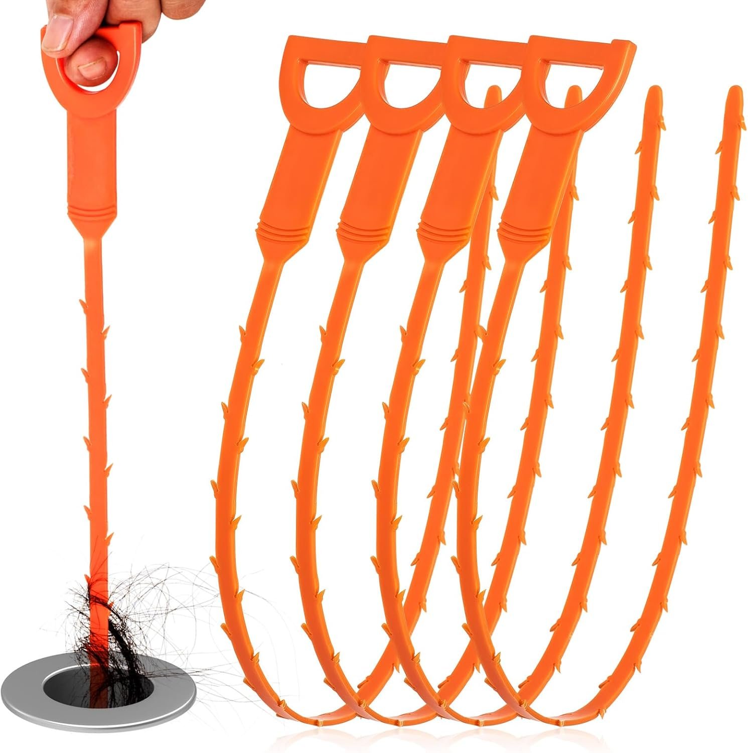 Drain Snake Clog Remover - 4 Pack 20 Inch Flexible Hair Drain Removal Tool for Sink, Shower, Tub & Toilet, Drain Cleaner with Grip Handle - Easy Use Kitchen & Bathroom Drain Opener