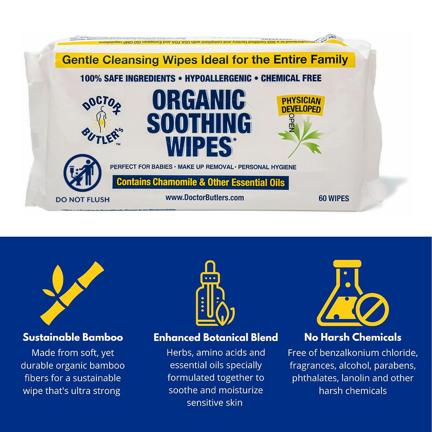 Doctor Butler's Soothing All-Purpose Wet Wipes for Sensitive Skin, Made with Organic Bamboo, Face Wipes, and Bathroom Cleanup with Chamomile and Essential Oils* (1 Pack - 60 Count) - Image 2