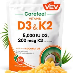 VEV Corefeel Vitamin D3 K2, 5000 IU D3 100mcg K2 (MK-7), 300 Softgels, 2-in-1 Vitamin D & K Supplement with Coconut Oil, Easy to Swallow