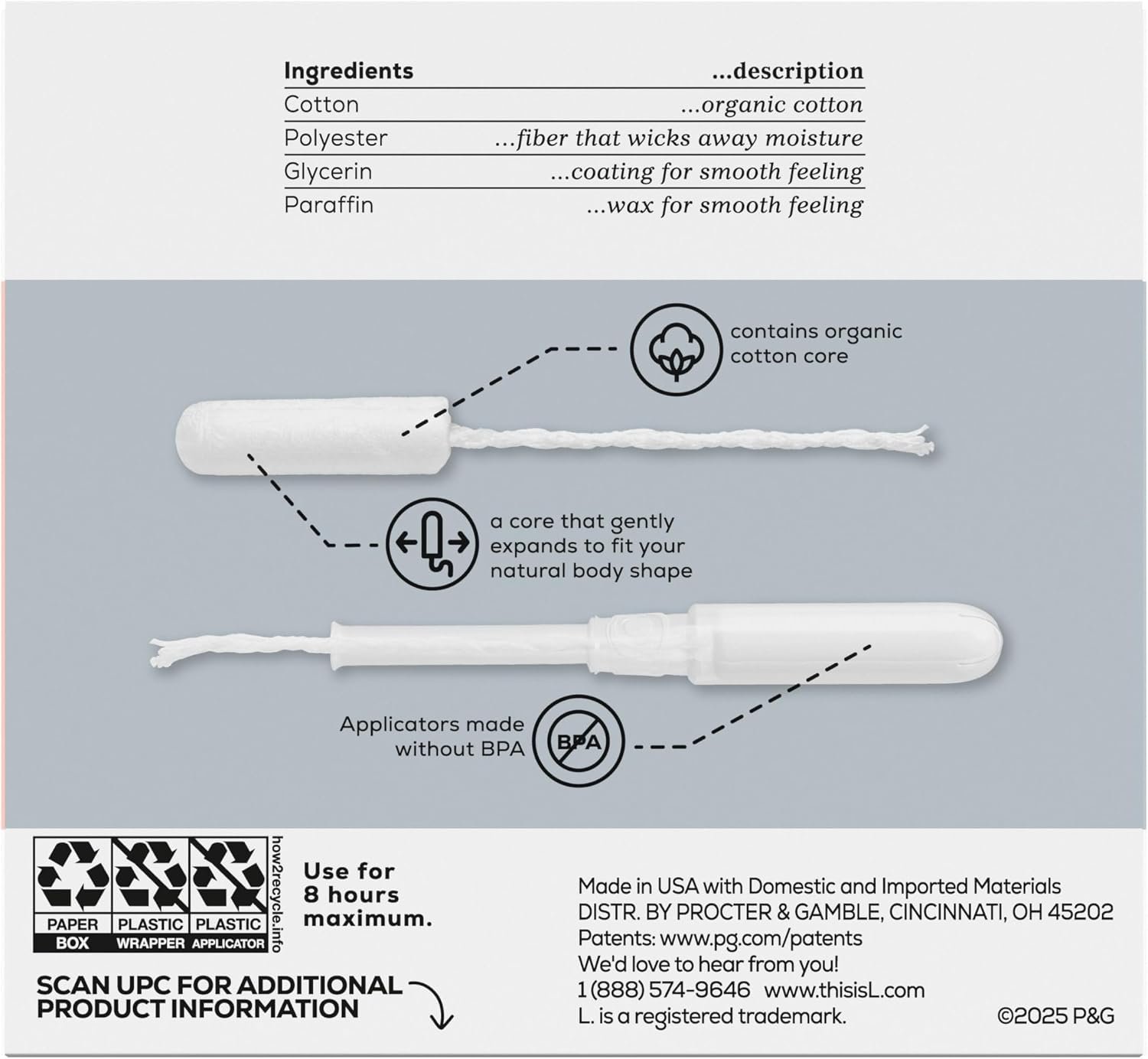 L. Tampons, Made with Organic Cotton, Super/Super Plus Absorbency, Multipack, Made Without Synthetic Pesticides, Rayon or Fragrances, Applicator Made Without BPA, Leak-Stopping Design, 36 Count - Image 15