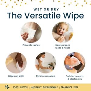 Tiny Twinkle 100% Cotton Dry Wipes for Baby | 480 Count | Use Wet or Dry | Scent Free (Fragrance-Free), Hypoallergenic Free | Ultra Soft, Strong & Gentle for Sensitive Skin