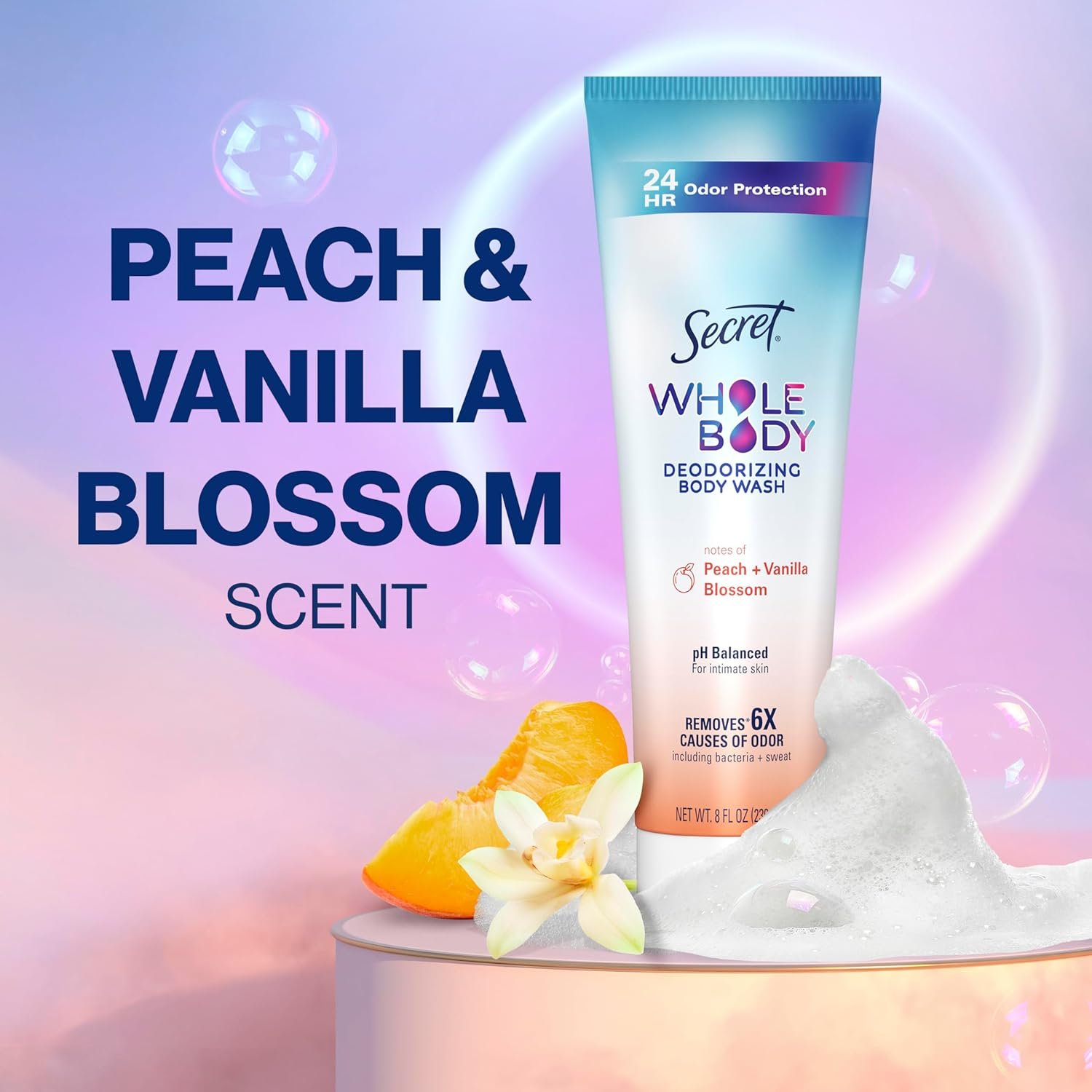 Secret Feminine Wash, 24 HR Deodorizing Feminine Body Wash for Women, Removes 6x Causes of Odor, PH Balanced, Safe to Use Everywhere, Peach & Vanilla Blossom Scent, 8.0 oz - Image 8