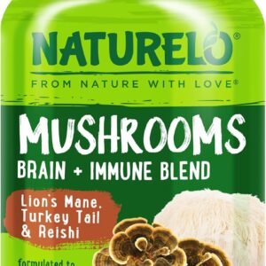 NATURELO Mushroom Supplement Capsules, 90 Ct, Brain & Immune Support, Vegan-Friendly, Lions Mane Supplement Capsules, Lion’s Mane, Reishi, Turkey Tail Blend