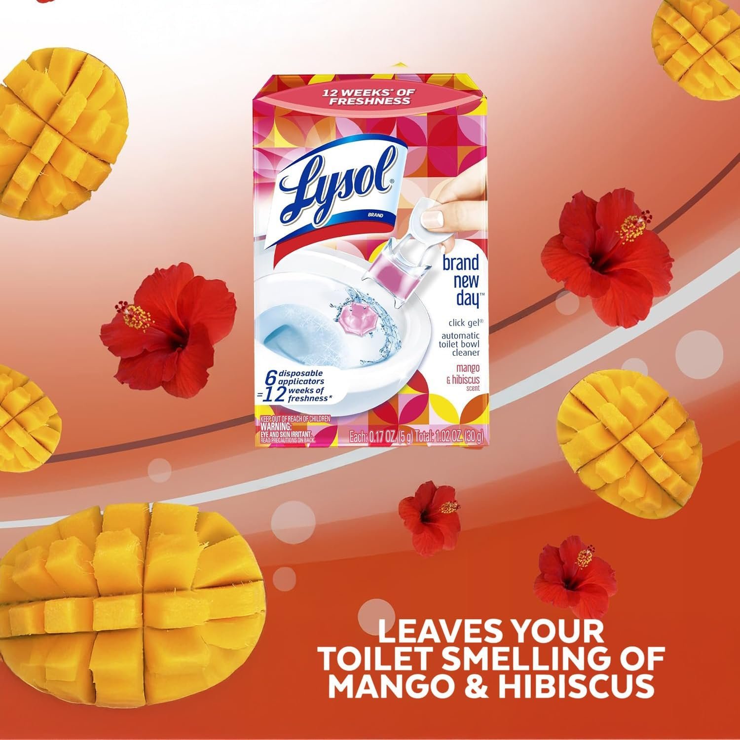 Lysol Click Gel Automatic Toilet Bowl Cleaner, Toilet Gel Stamp, Toilet Freshener, Bathroom Essentials, Refreshing Mango & Hibiscus Scent, 6 Count (Pack of 1) - Image 3