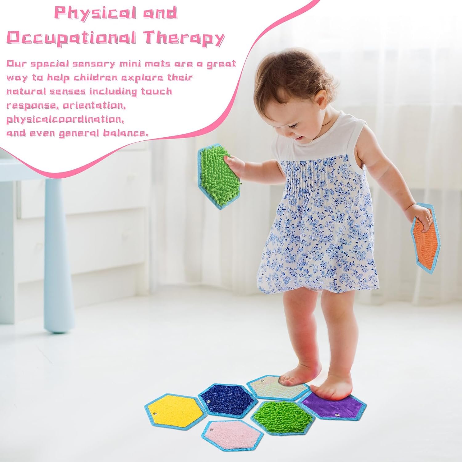 Boao 8 Set Mini Sensory Mats Assorted Textured Play Mats Sensory Floor Tiles Educational Tactile Toys for Activity(7.1 Inch,Hexagon) - Image 5