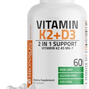 Bronson Vitamin K2 D3 (MK7) Supplement 2-in1 D3 & K2 Complex, 60 Capsules | Bone, Immune & Heart Health Support, Gluten Free, Soy Free, Non-GMO, Vitamin D3 5000IU (125 mcg) & 90 mcg K2 MK-7