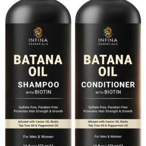 INFINA ESSENTIALS Batana Oil Shampoo and Conditioner Set | 16 fl oz Each | with Biotin & Tea Tree | Moisturizing, Strengthening & Nourishing Formula | Promotes Hair Growth and Thickness
