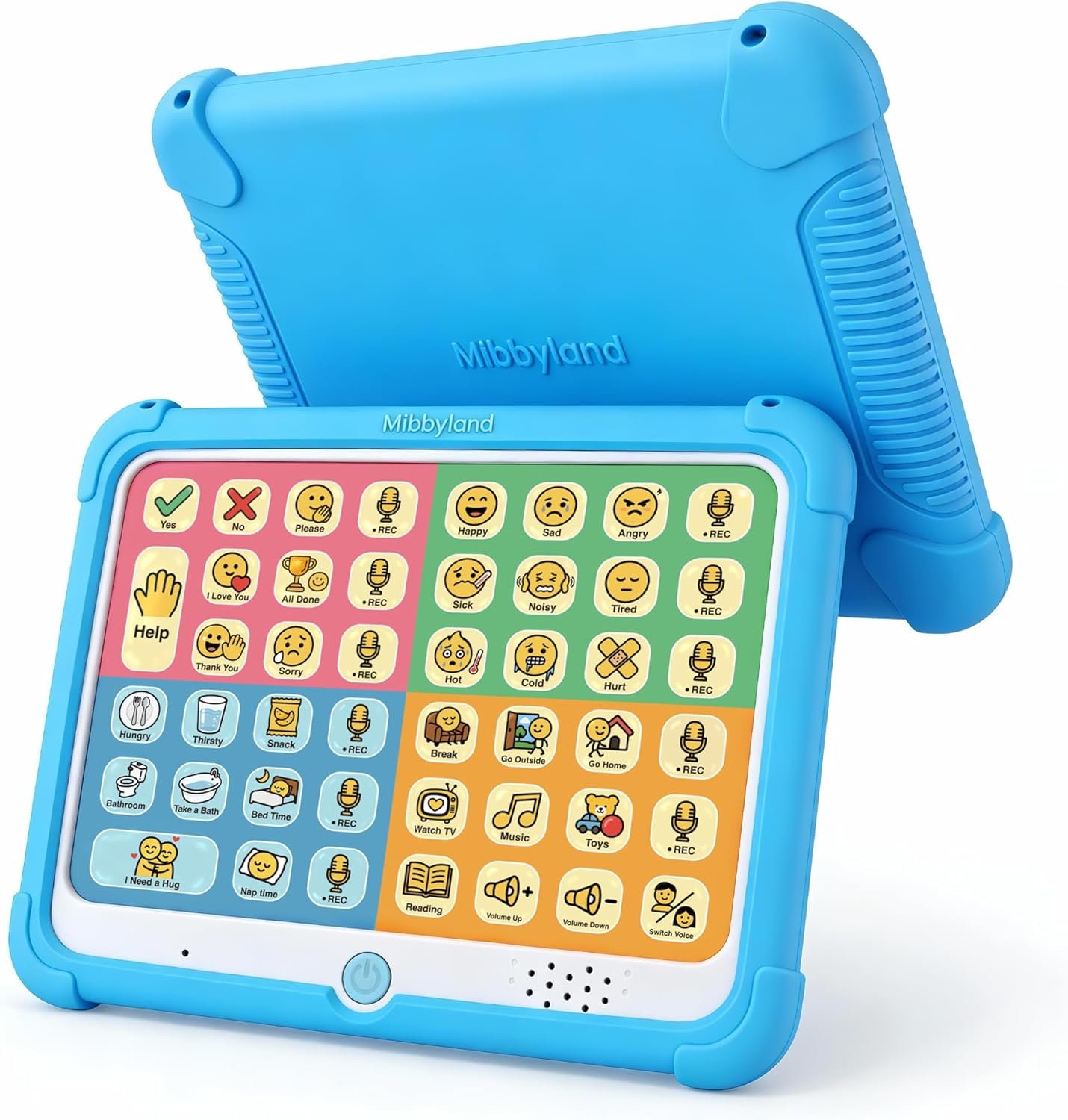 MibbyTalk AAC Device for Autism & Nonverbal Kids and Adults, Communication Tool for Home & School Use and Speech Therapy – 32 Preset Buttons, 11 Recordable Buttons with Stickers, Silicone Case, Blue