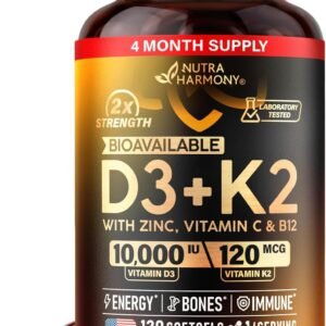 Vitamin D3 K2 – Vitamin D3 10000 iu & K2 120 mcg – Immune & Mood Support, for Bone & Teeth Health – with Zinc, Vitamin C & B12 – Highly Bioavailable – For Men & Women – 120 Softgels, 120 days supply