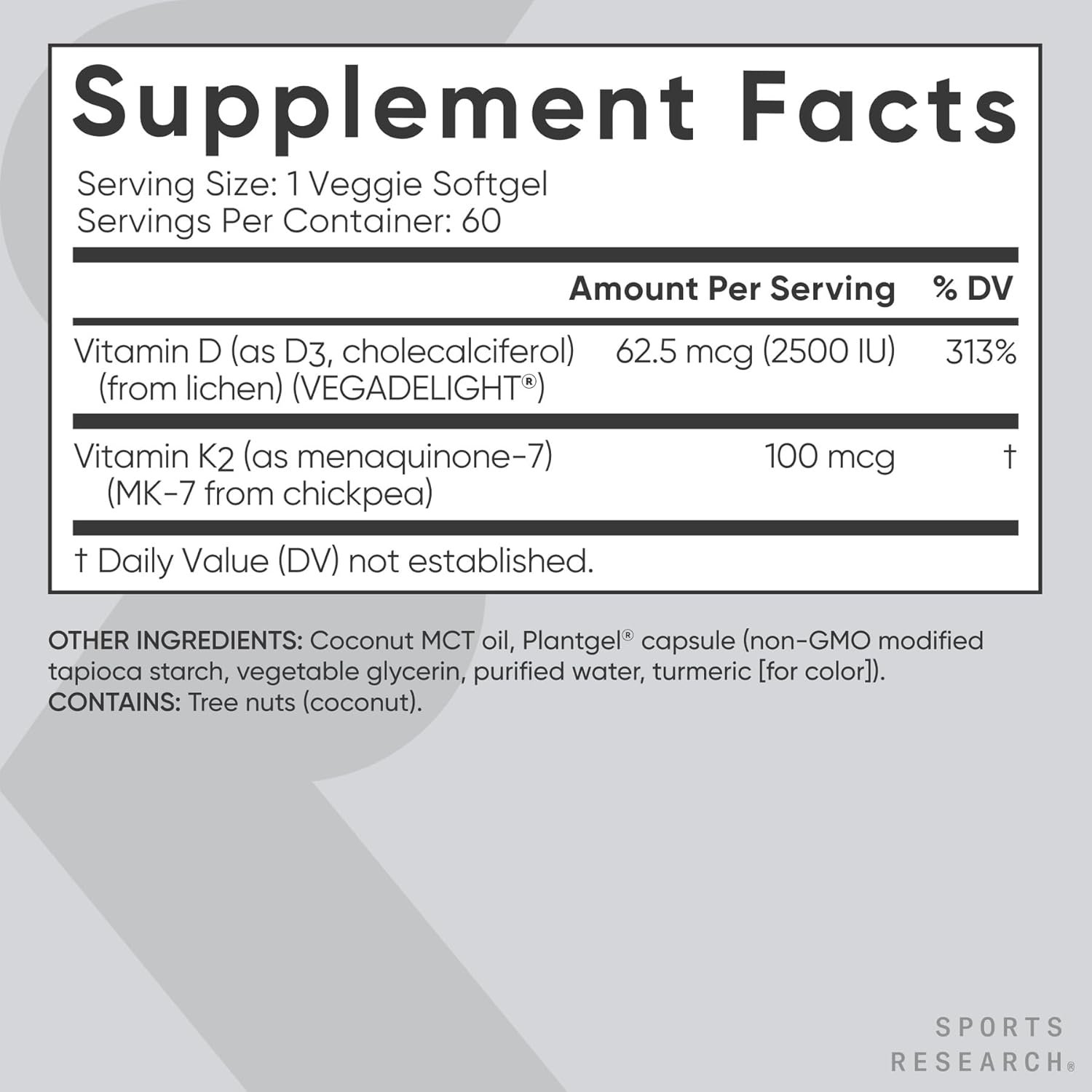 Sports Research® Vitamin D3 + K2 w/Coconut Oil - Vegan Vitamin D 2500iu (62.5mcg) & Mk7 Vitamin K 100mcg for Bone & Immune Support - Vegan Certified · Non-GMO · Soy Free - 60 Softgels - Image 5