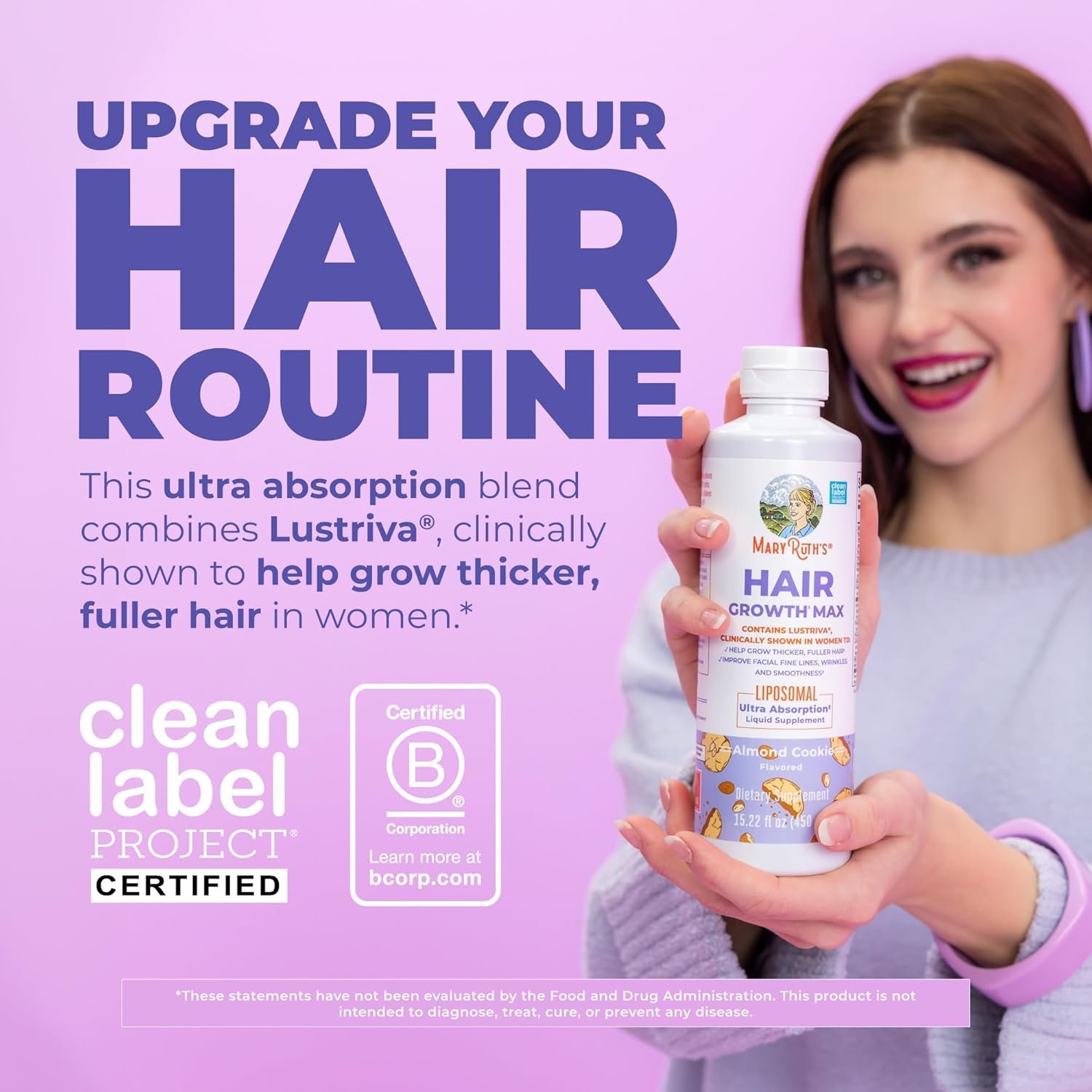 MaryRuth's Hair Growth Max Liposomal for Women | Lustriva® + Biotin 10000mcg + Pumpkin Seed Oil | Thicker Hair | Hair Care | Wrinkles, Fine Lines, Skin Care | Ages 18+ | CLP Certified | 15.22 Fl Oz - Image 2