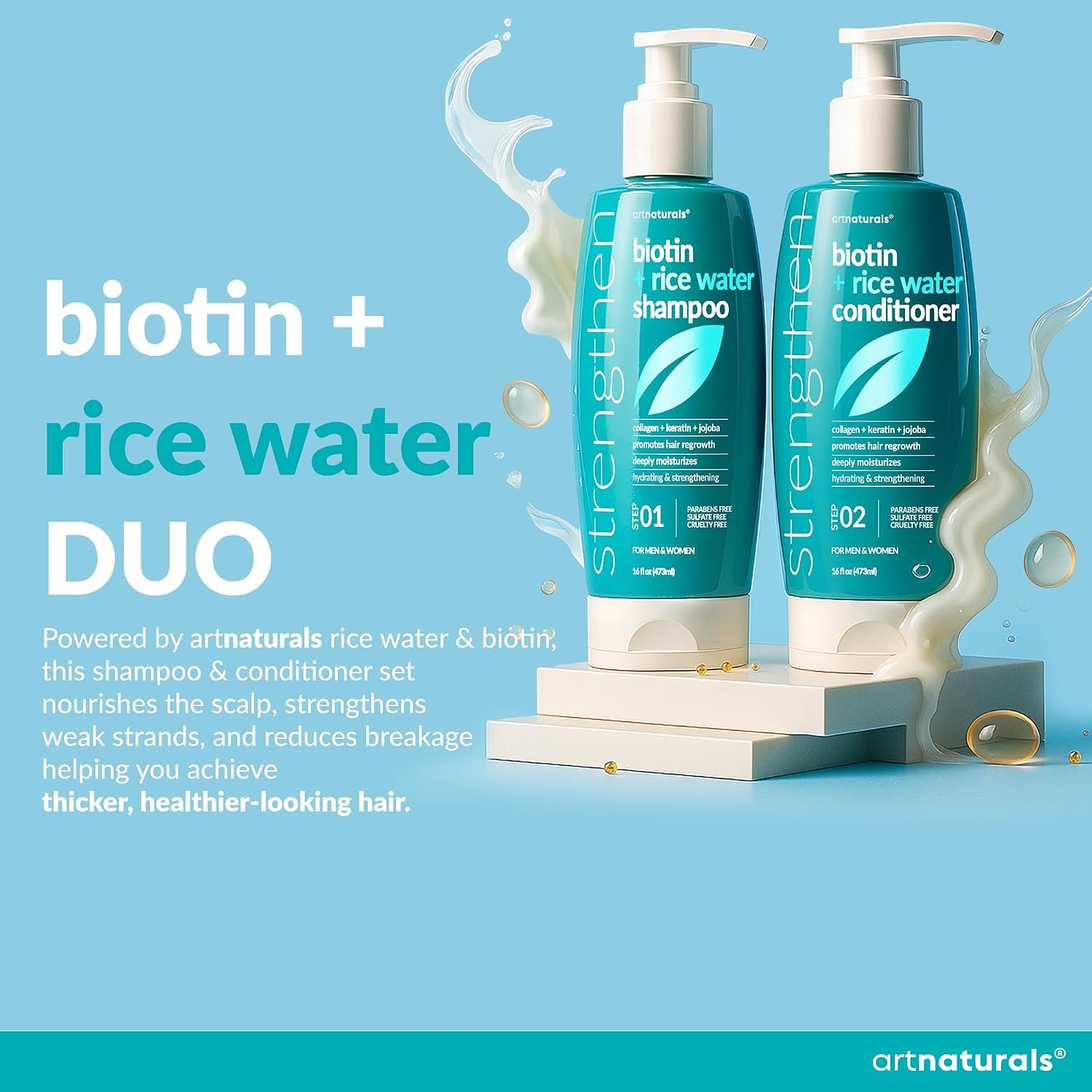 Biotin Rice Water Shampoo and Conditioner Set - Sulfate-Free Formula – Dual Bottle - Made with Collagen, Keratin, and Jojoba to Promote Strength, Shine, and Growth 16 Fl Oz 2 PK - Image 2