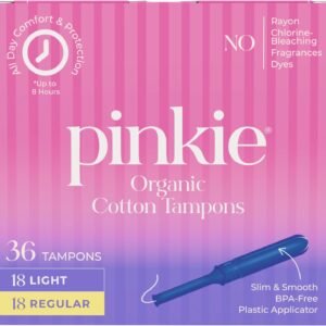Pinkie Organic Tampons for Teens & Adults – 100% Cotton Core Adapts to Your Body – Slim BPA-Free Applicator for Comfortable Insertion – Chlorine, Fragrance, Dye & Rayon Free – Light/Regular, 36 Count
