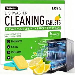 Dishwasher Cleaner and Deodorizer Tablets, Dishwasher Cleaning Tablets 24 Pack – Helps Remove Limescale & Odor, Prevents Buildup in Pipes, Safe for All Dishwashers, Lemon Scent – 12 Month Supply