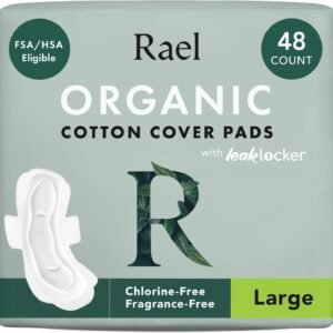 Rael Pads for Women, Organic Cotton Cover – Period Pads with Wings, Feminine Care, Sanitary Napkins, Heavy Absorbency, Unscented (Large, 48 Count)