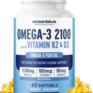 Oceanblue Professional Omega-3 2100 with Vitamin K2 and D3 – Triple Strength DPA EPA DHA Omega 3 Supplement – Burpless Wild Caught Fish Oil – Orange Flavor, 60 Softgels (30 Servings)