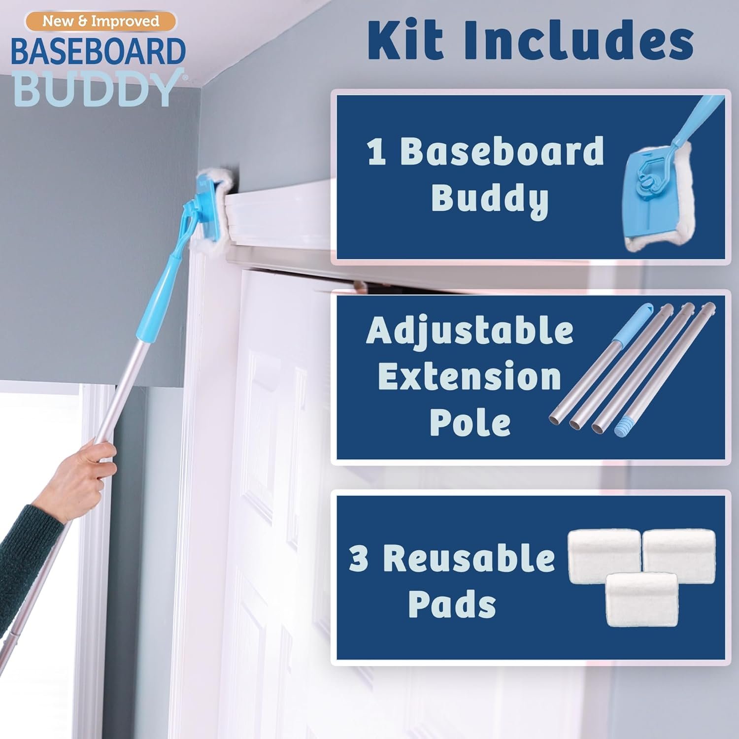 Baseboard Buddy | Lightweight Home Cleaning Essential, Perfect for Baseboards, Moldings & Walls, Glide & Wipe Trapping & Locking Dirt & Dust | As Seen on TV, (1 Baseboard Buddy & 3 Reusable Pads) - Image 2