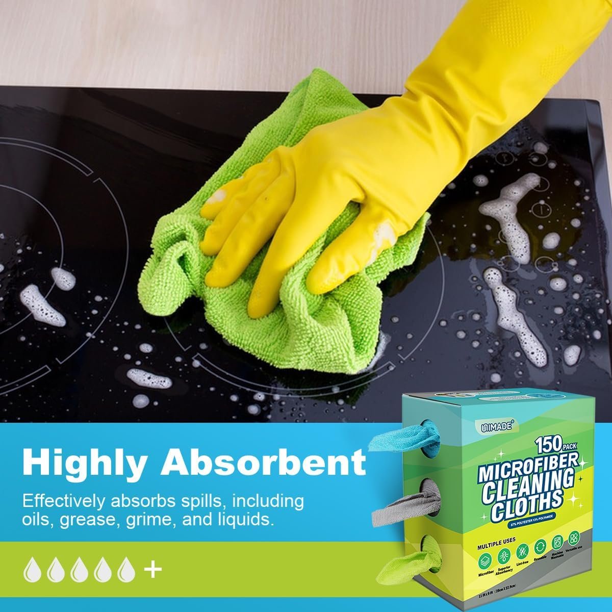 UNIMADE Microfiber Cleaning Cloth, 150 Pack Reusable Paper Towels Microfiber Towels for Cars Lint Free Shop Rags with Box for Home Kitchen Automotive, 11"x 9", Blue & Grey & Green - Image 4