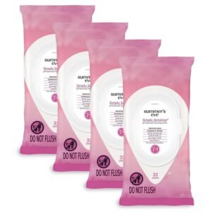 Summer’s Eve Simply Sensitive Feminine Wipes, Gentle pH-Balanced Micellar Water Based Formula Helps Control Vaginal Odor, Resealable Pack, 32 Wipes, Pack of 4