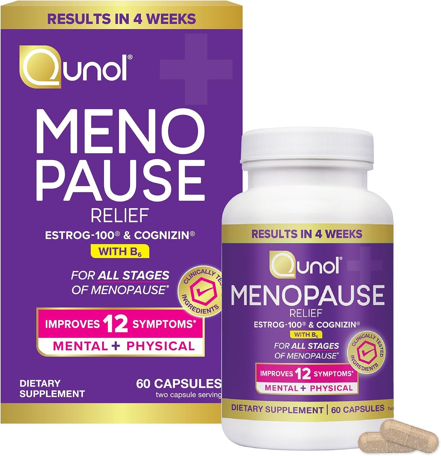 Qunol Menopause Relief Capsules, Peri to Post, Results in 4 Weeks, Hormone Free Support for Fatigue, Brain Fog, Hot Flashes, Night Sweats, Mood Swings & Sleep Disturbances, Plus Vitamin B6, 60 Count