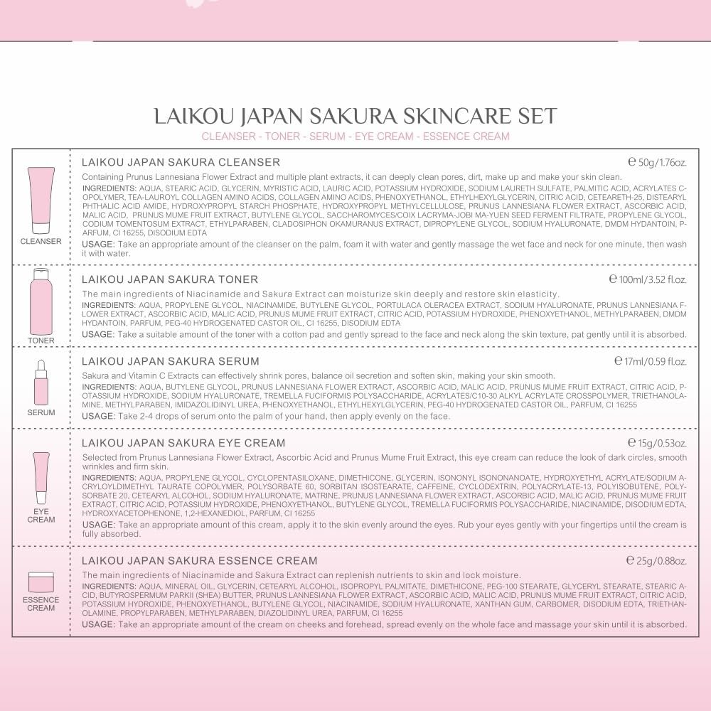 LAIKOU Skin Care Set JAPAN SAKURA Women Beauty Gift Sets Skin Care Kit with Cleanser, Toner, Serum, Eye Cream, Face Cream Travel Kit for Women Teen Girls Mom Daughter Birthday TSA-friendly Sizes 5pcs - Image 8