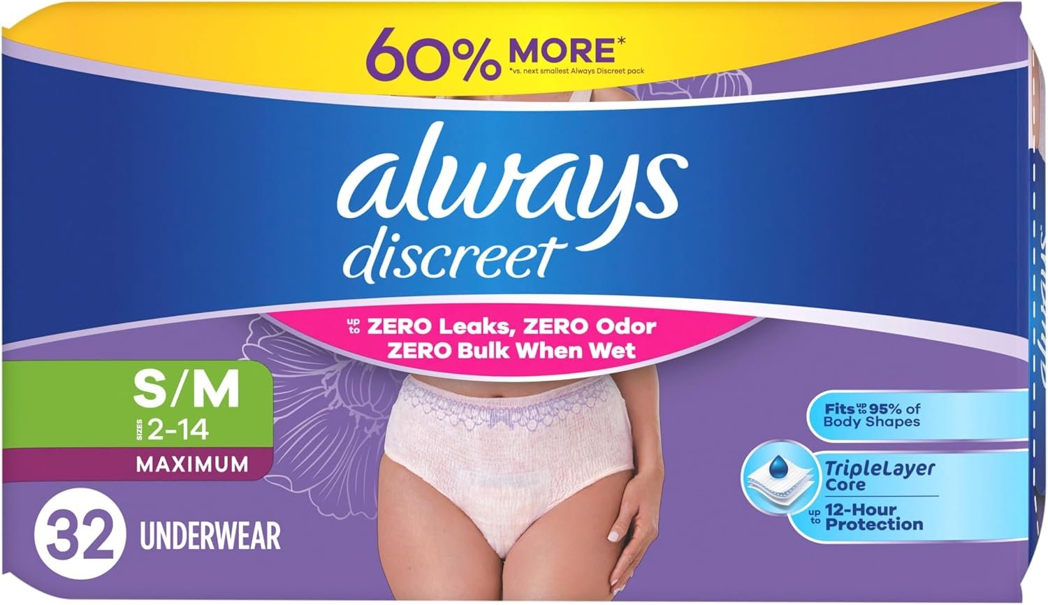 Always Discreet Adult Diapers for Women, Incontinence Underwear, Postpartum Essentials, Disposable Briefs, Max Absorbency, Bladder Leak Protection, Small/Medium, 32ct - Image 12