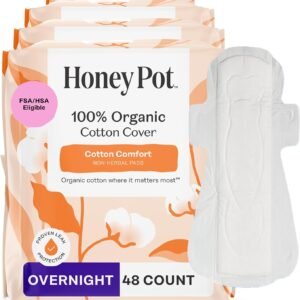 The Honey Pot Company – 48ct – Sanitary Pads for Women – Non-Herbal Overnight w/Wings – Organic Cotton Cover & Ultra-Absorbent Pulp Core – Feminine Care