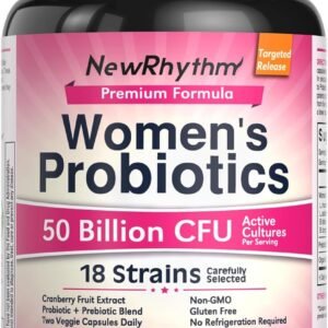 NewRhythm Women’s Probiotics, Organic Cranberry, 50 Billion CFU 18 Strains, Probiotics with Prebiotics, Support Digestive Health, No Refrigeration Needed, Non-GMO, No Soy, 60 Vegan Capsules, No Dairy