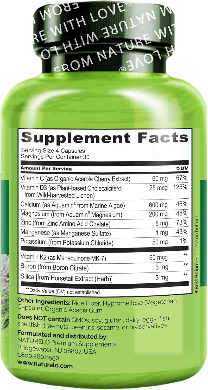 NATURELO Calcium Supplement - with Vitamin C, Vitamin D3, K2, and Calcium Magnesium Zinc for Bone Strength with Calcium 600mg - Plant-Based, 120 Vegetarian Capsules, Non-GMO, Soy & Gluten-Free - Image 7