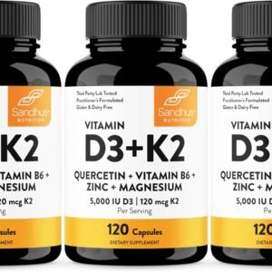 Sandhu’s Vitamin D3 K2 Magnesium 5000 IU, 120mcg K2 Capsules 120 Count (Pack of 3) | with VIT B6, Zinc & Quercetin | D3K2 Supports Superior Absorption, Energy, Immune, Muscle Health for Men & Women
