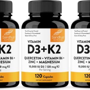 Sandhu’s Vitamin D3 K2 Magnesium 10000 IU, 120mcg K2 Capsules 120 Count (Pack of 3) | with VIT B6, Zinc & Quercetin | D3K2 Supports Superior Absorption, Energy, Immune, Muscle Health for Men & Women