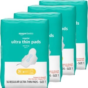 Amazon Basics Regular Absorbency Feminine Pads for Women, Ultra Thin with Flexi-Wings, Unscented, Size 1, Absorbent, 144 Count (4 Packs of 36) (Previously Solimo)