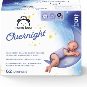 Amazon Brand – Mama Bear Overnight Baby Diapers with Leak Protection and Skin Protection, Fragrance-Free, Size 5, 62 Count, Maximum Absorbency